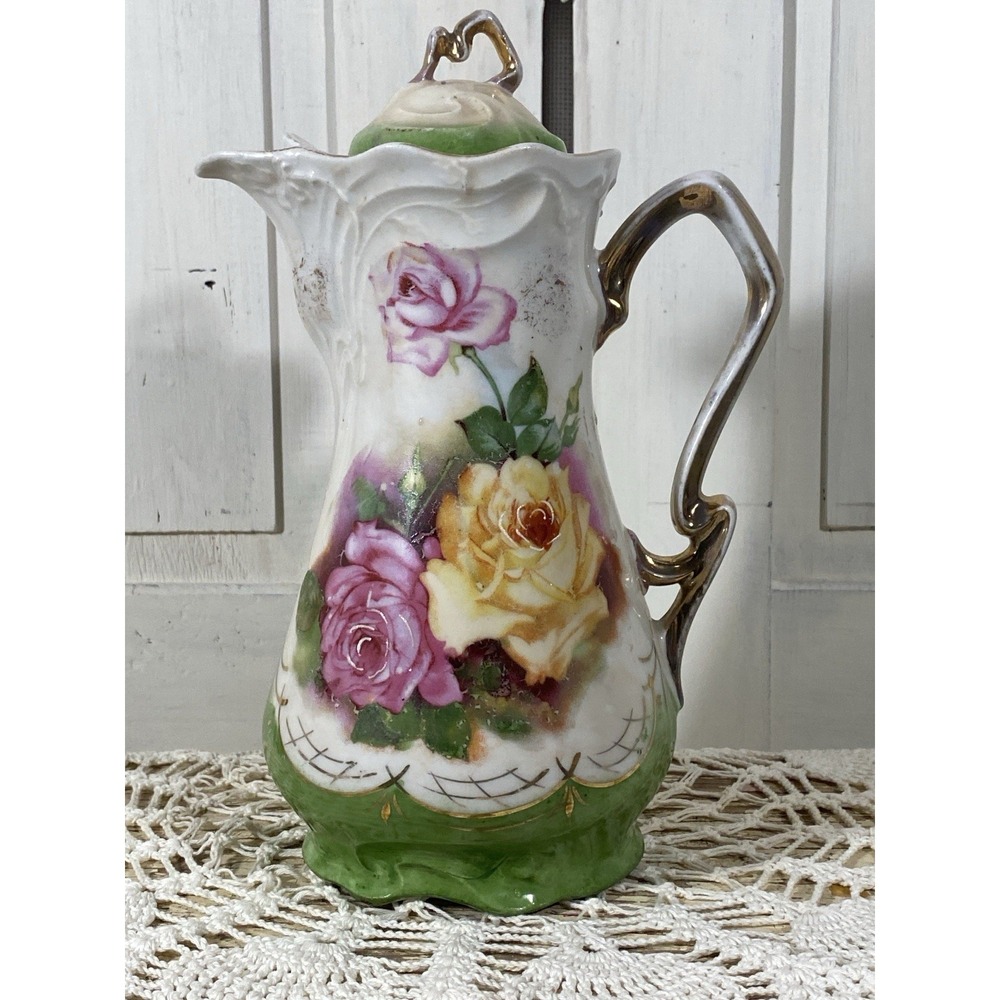 Victorian Coffee Pot Pitcher Gold Gilt Hand Painted Porcelain Roses Tea Germany